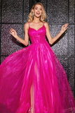 Robe de bal longue Corset A-ligne rose vif avec accessoire
