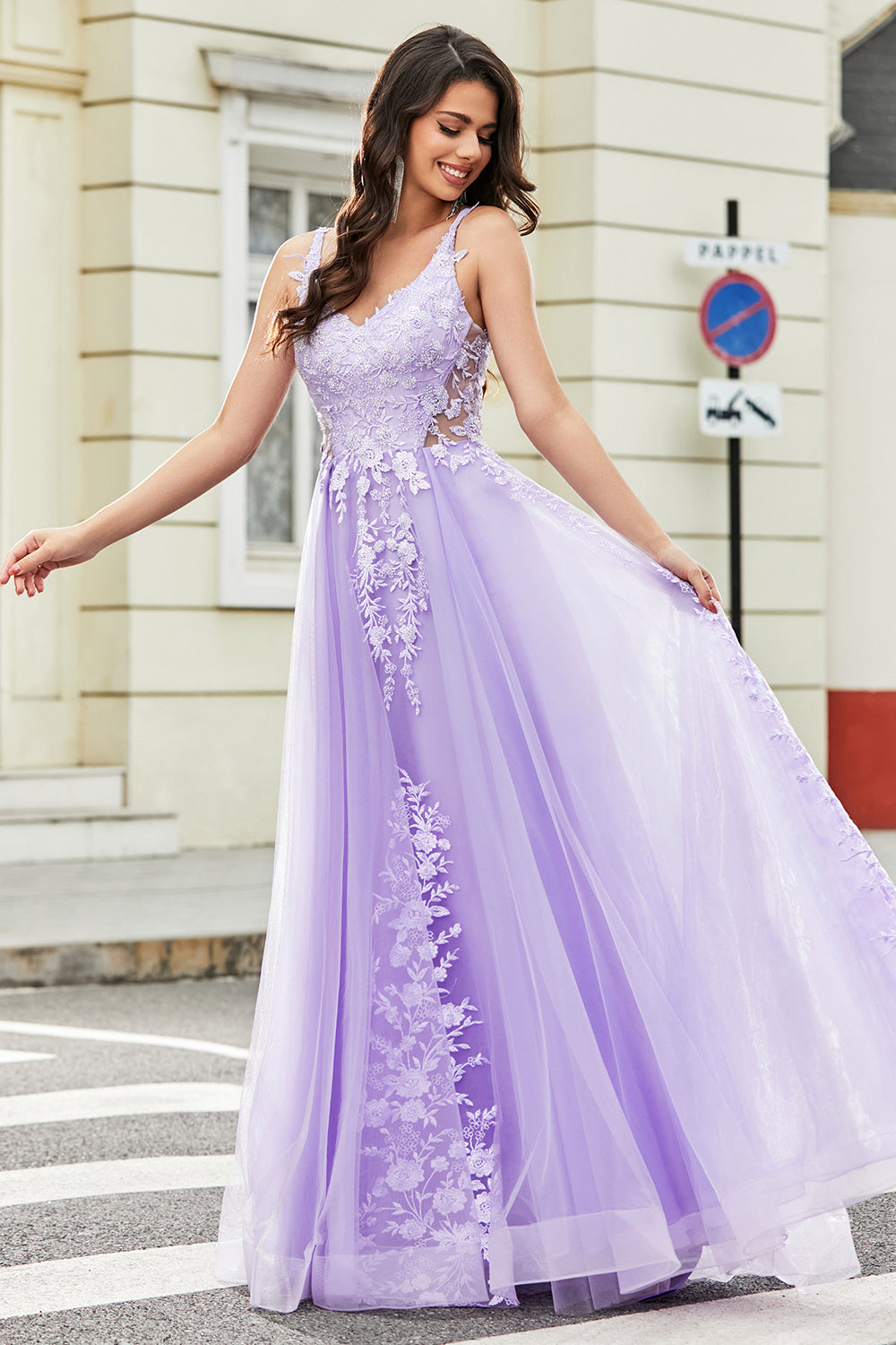 Robe de bal longue lilas A Line Appliques avec accessoire