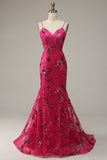 Robe de bal Rose vif Paillettes imprimée Sirène