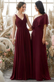 Robe de demoiselle d'honneur Bourgogne col en V en mousseline de soie