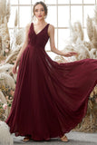 Robe de demoiselle d'honneur Bourgogne col en V en mousseline de soie