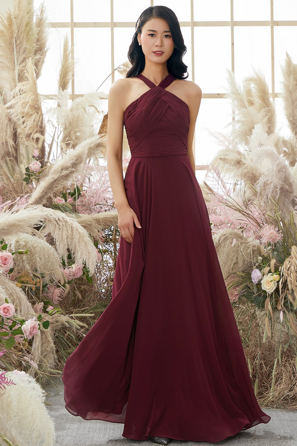 Robe de demoiselle Bourgogne Halter en mousseline de soie