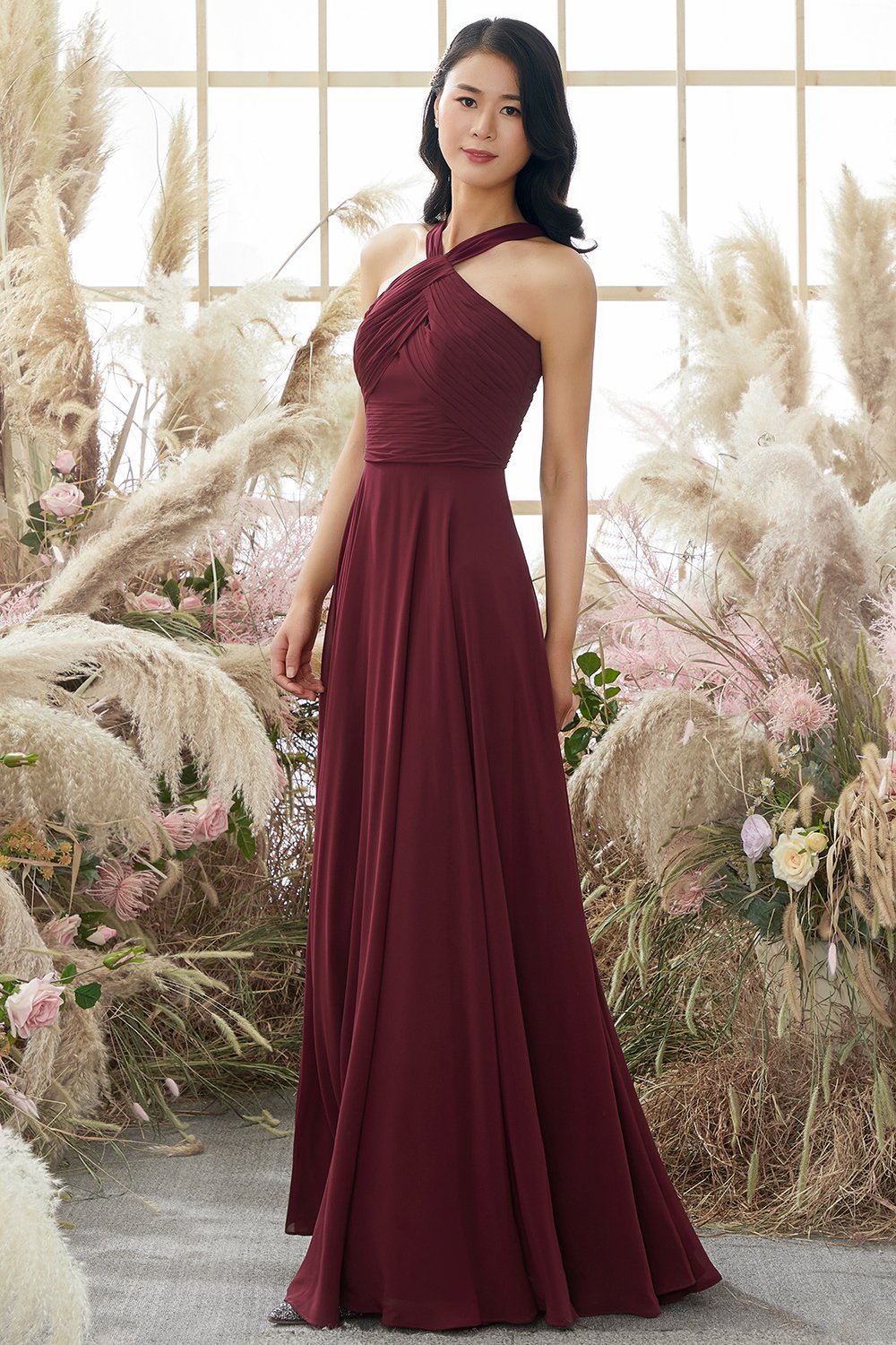 Robe de demoiselle Bourgogne Halter en mousseline de soie