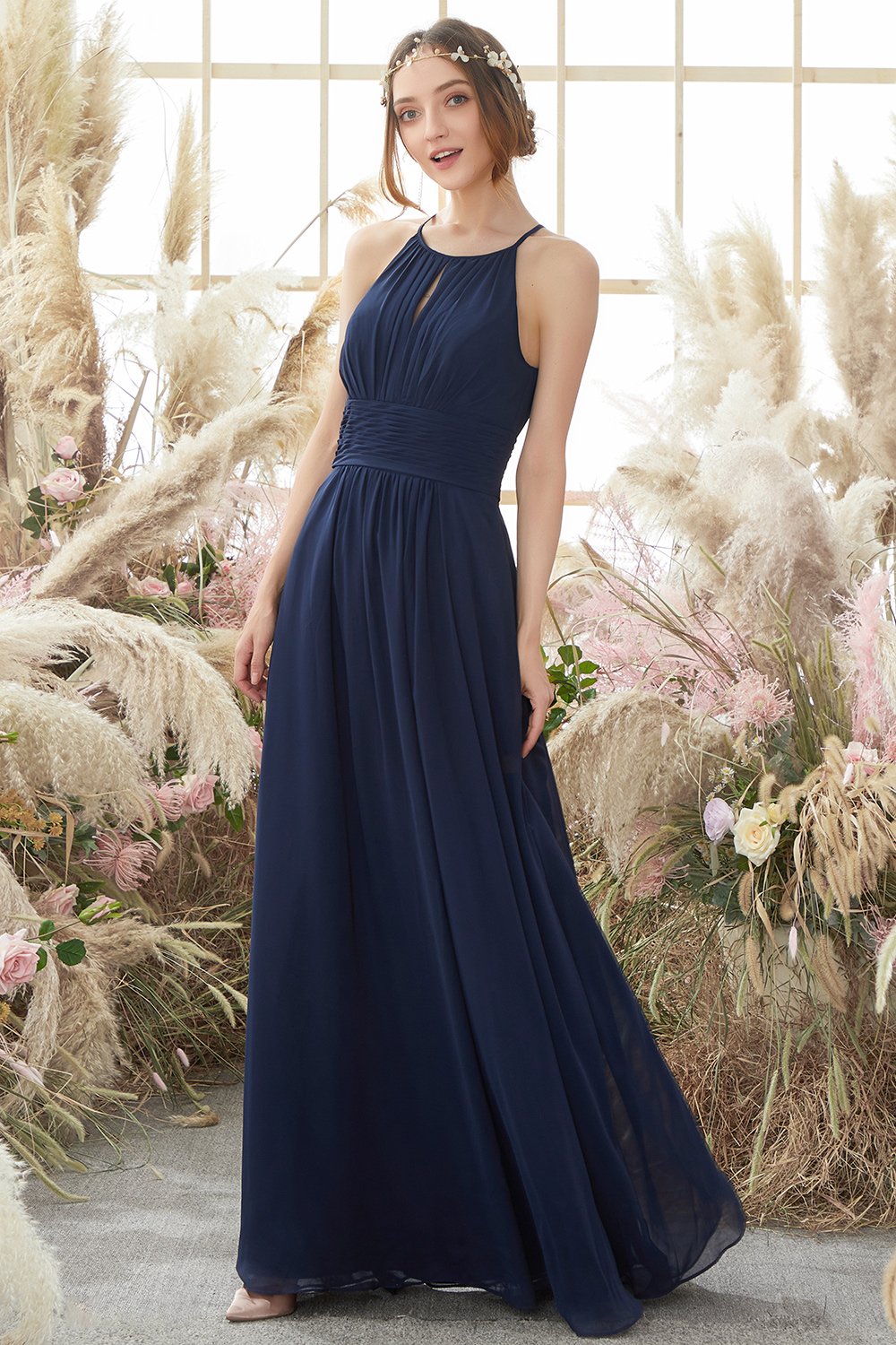 Robe de demoiselle d'honneur en mousseline de soie Marine