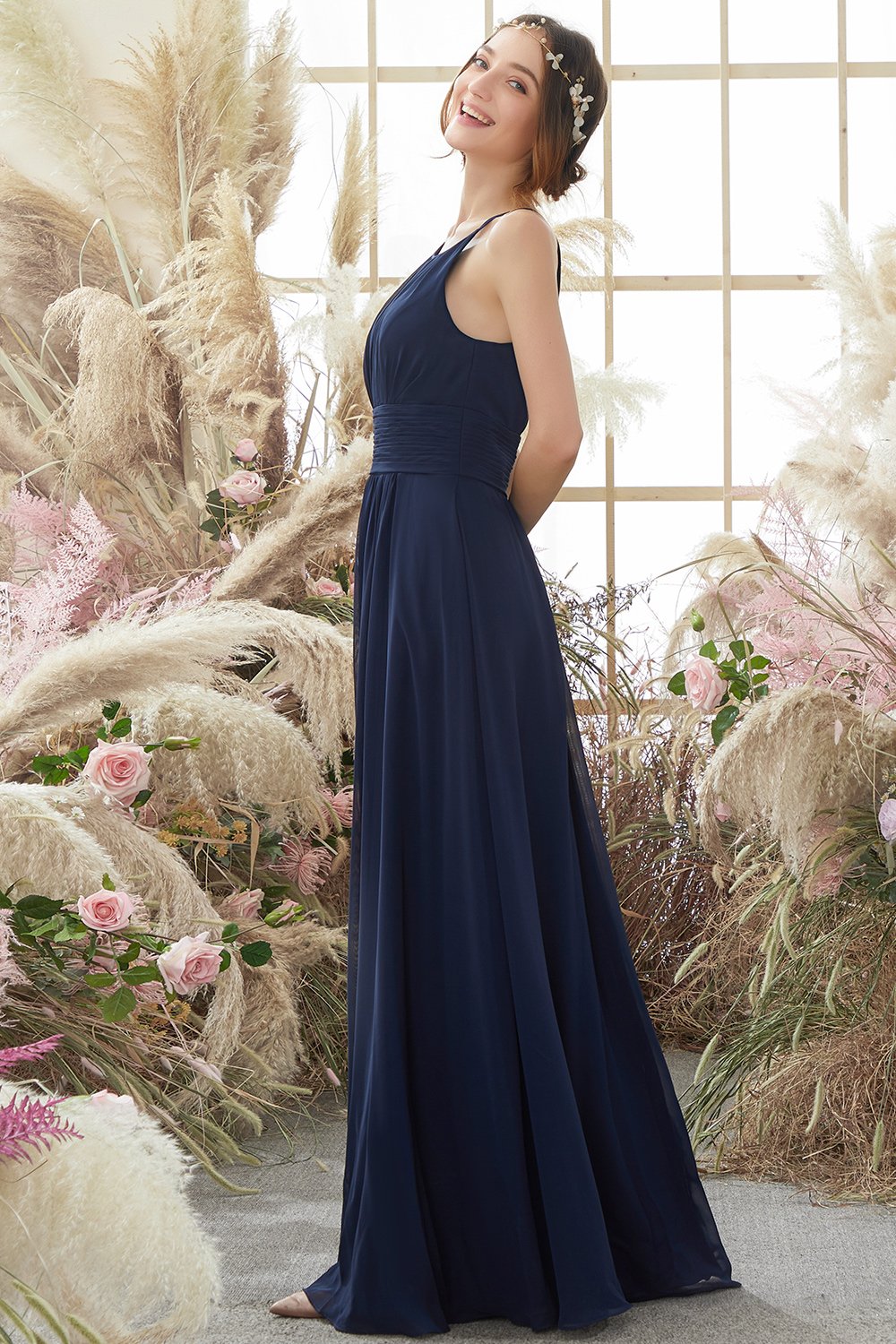 Robe de demoiselle d'honneur en mousseline de soie Marine