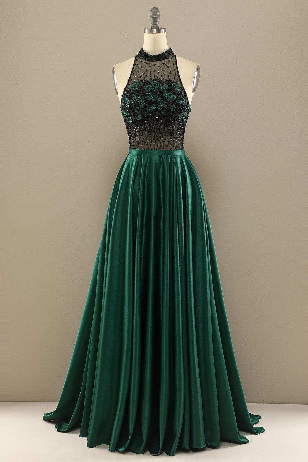 Vert foncé perles longue robe de bal avec des fleurs