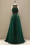 Vert foncé perles longue robe de bal avec des fleurs