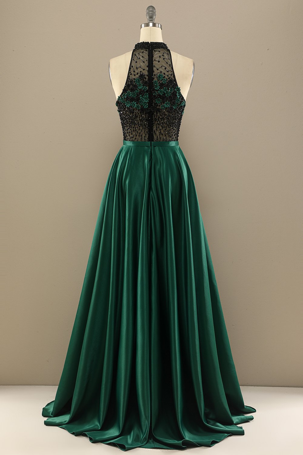 Vert foncé perles longue robe de bal avec des fleurs