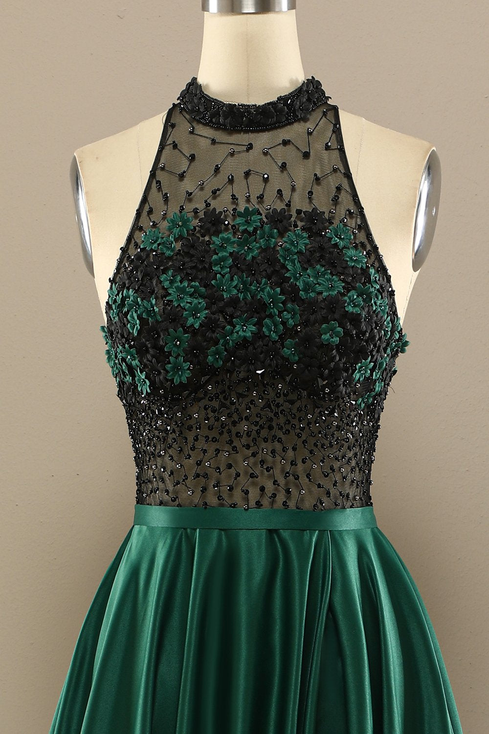 Vert foncé perles longue robe de bal avec des fleurs