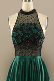 Vert foncé perles longue robe de bal avec des fleurs