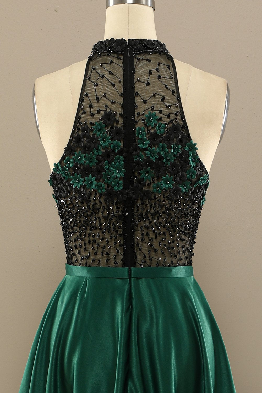 Vert foncé perles longue robe de bal avec des fleurs