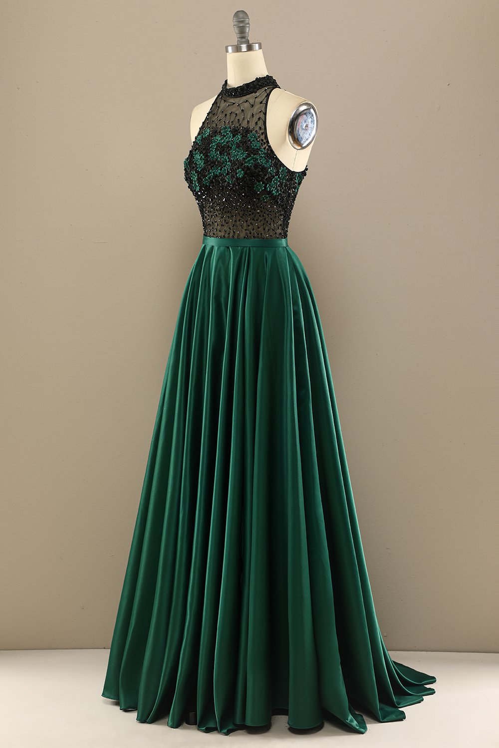 Vert foncé perles longue robe de bal avec des fleurs