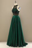 Vert foncé perles longue robe de bal avec des fleurs