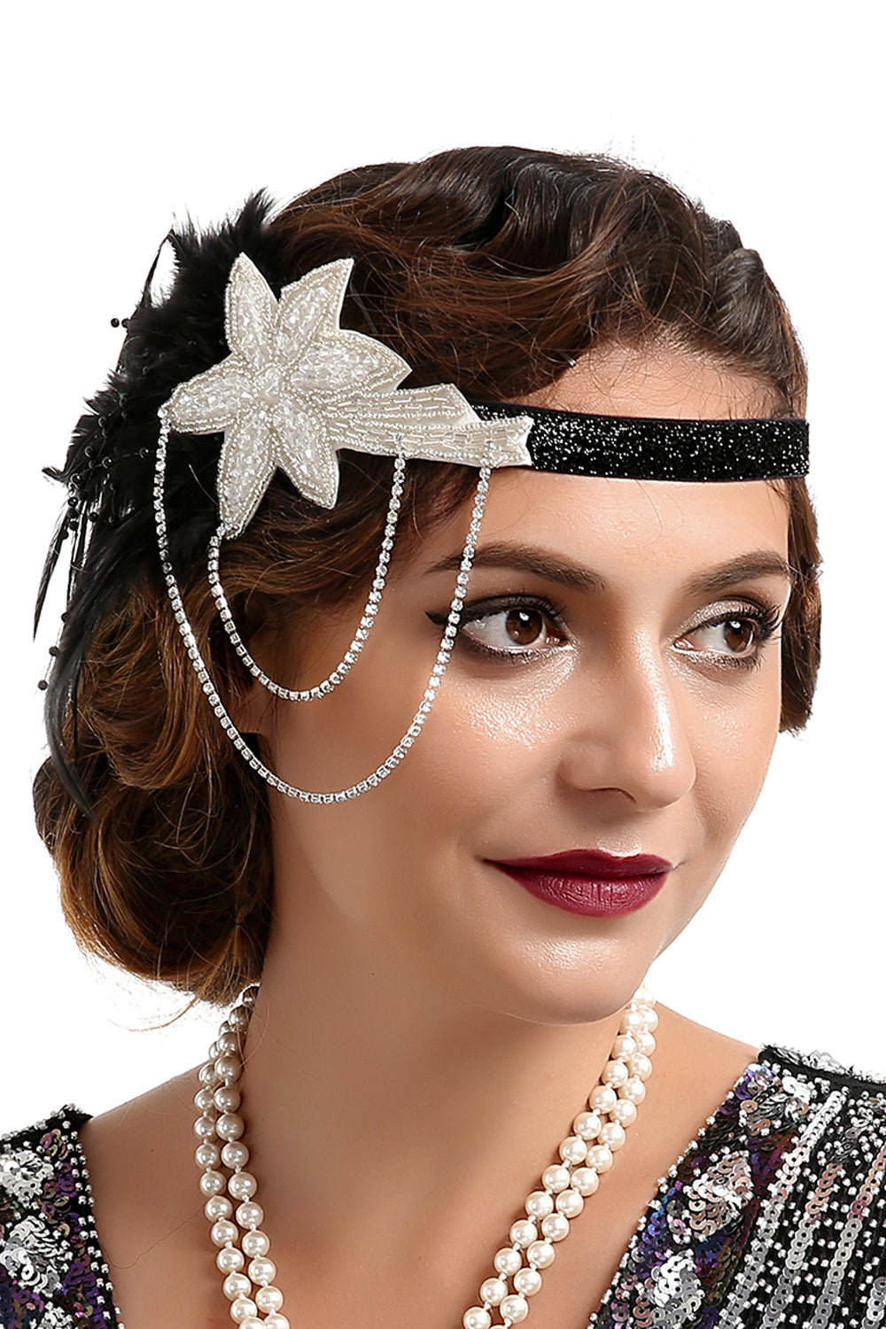 Zapaka Rétro Bandeau Perlé des Années 1920 en Plumes Noir et Or