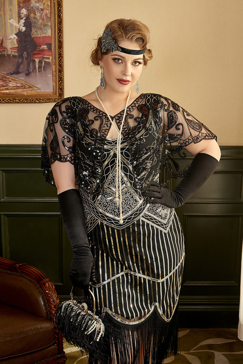 Noir Paillettes Franges robe gatsby grande taille