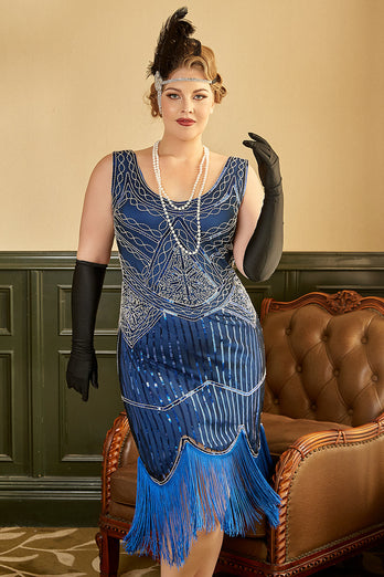 Royal Blue Plus Taille 1920s Robe avec Franges