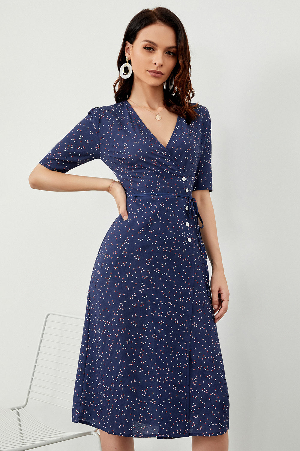Navy Polka Dots Midi Summer Wrap Robe