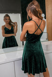 Bretelles spaghetti vert foncé velours robe de soirée courte