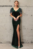 Robe de soirée en velours sirène vert foncé
