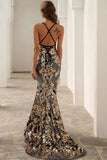 Robe de bal long de sirène à paillettes d’or
