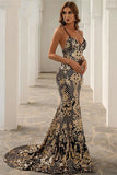 Robe de bal long de sirène à paillettes d’or