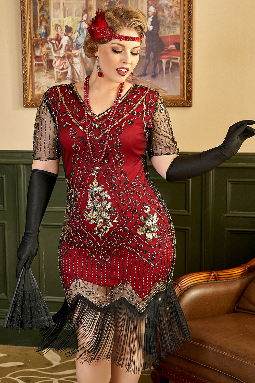 Noir Golden Sequins Gatsby Fringed Plus Taille 1920s Robe