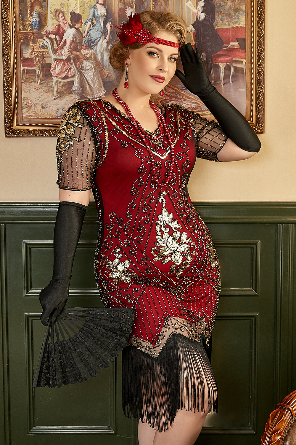 Noir Golden Sequins Gatsby Fringed Plus Taille 1920s Robe