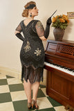 Noir Golden Sequins Gatsby Fringed Plus Taille 1920s Robe