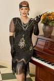 Noir Golden Sequins Gatsby Fringed Plus Taille 1920s Robe