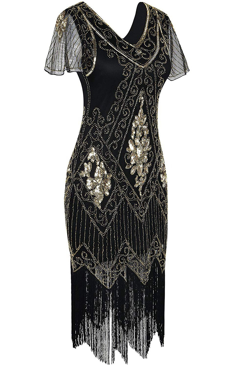 V Manche Noir 1920s Flapper Robe