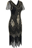 V Manche Noir 1920s Flapper Robe