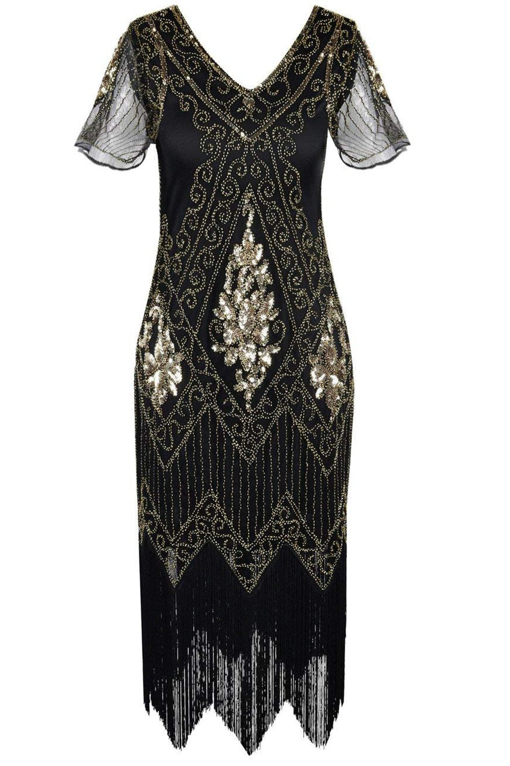 V Manche Noir 1920s Flapper Robe