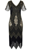 V Manche Noir 1920s Flapper Robe