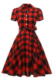 Rouge Plaid Manches Courtes Robe Vintage