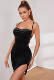 Bodycon Spaghetti Sangles Noir Velours Robe de Fête