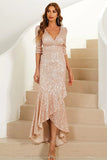 Gaine V Col Champagne Paillettes Robe de Fête Longue