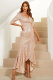 Gaine V Col Champagne Paillettes Robe de Fête Longue