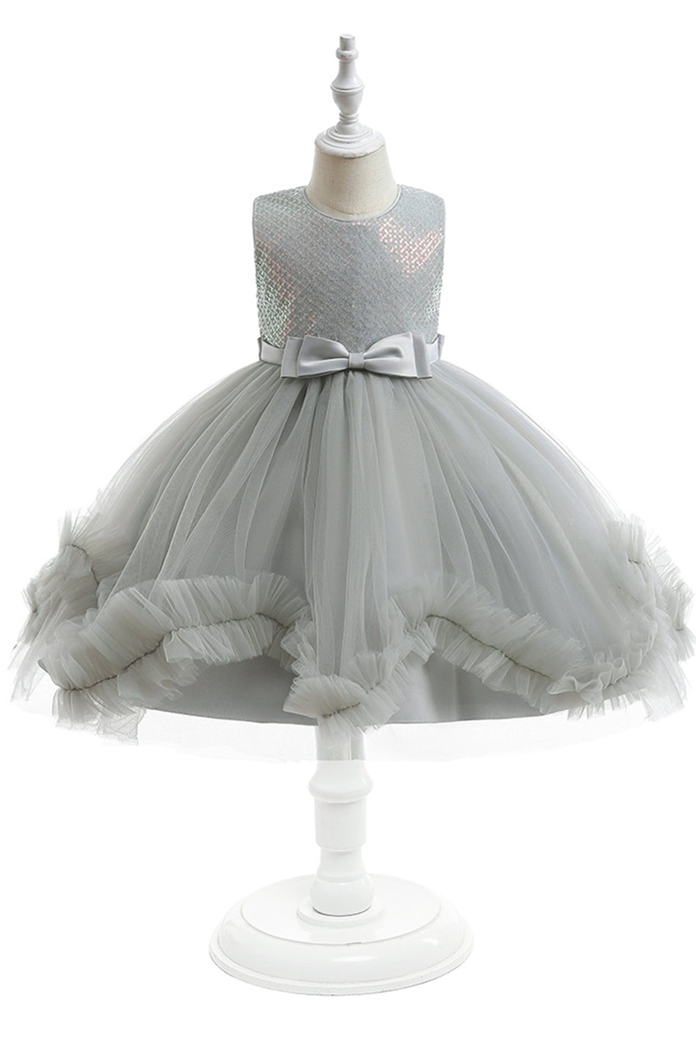 Robe de fille de fleur en Tulle sans manches grise avec noeud papillon