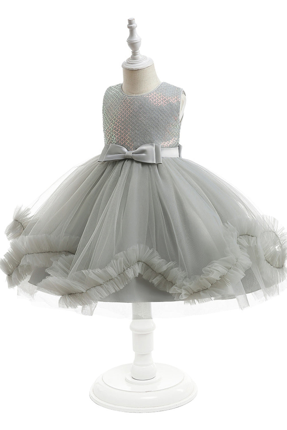 Robe de fille de fleur en Tulle sans manches grise avec noeud papillon