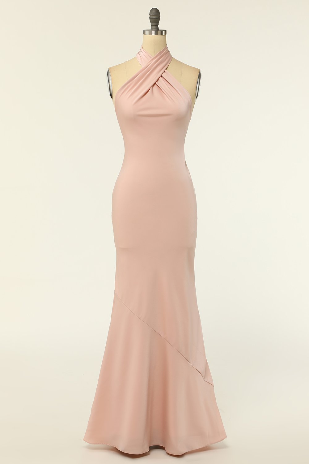Mermaid Halter Blush Robe de demoiselle d’honneur longue avec dos sans dos