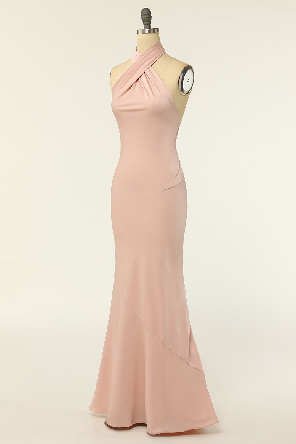 Mermaid Halter Blush Robe de demoiselle d’honneur longue avec dos sans dos