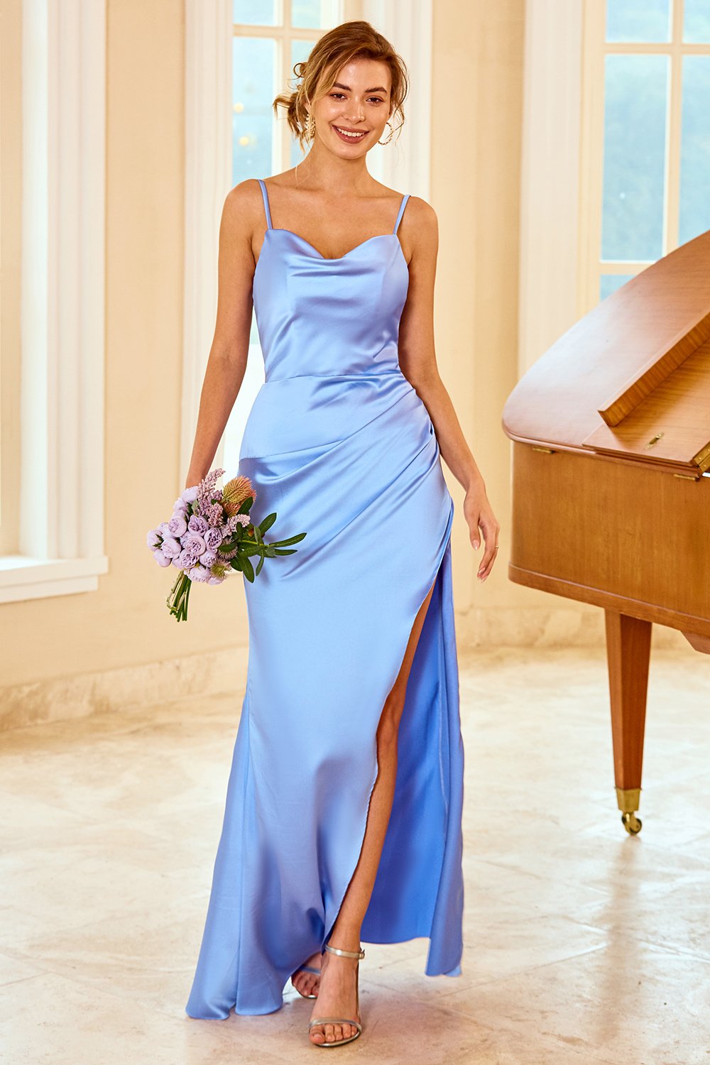 Robe de demoiselle d’honneur longue gaine pêche avec fente