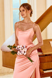 Robe de demoiselle d’honneur longue gaine pêche avec fente