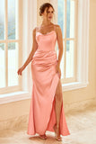 Robe de demoiselle d’honneur longue gaine pêche avec fente