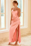 Robe de demoiselle d’honneur longue gaine pêche avec fente