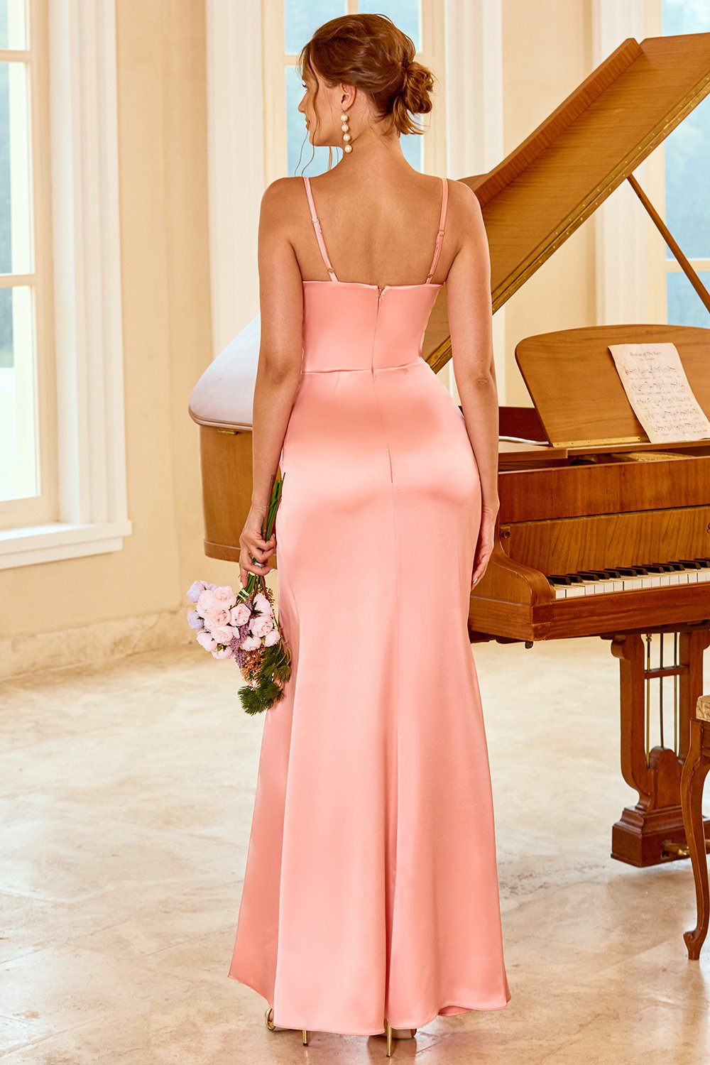 Robe de demoiselle d’honneur longue gaine pêche avec fente