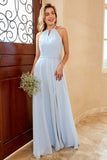 Robe de demoiselle d’honneur en mousseline longue bleu ciel avec fente
