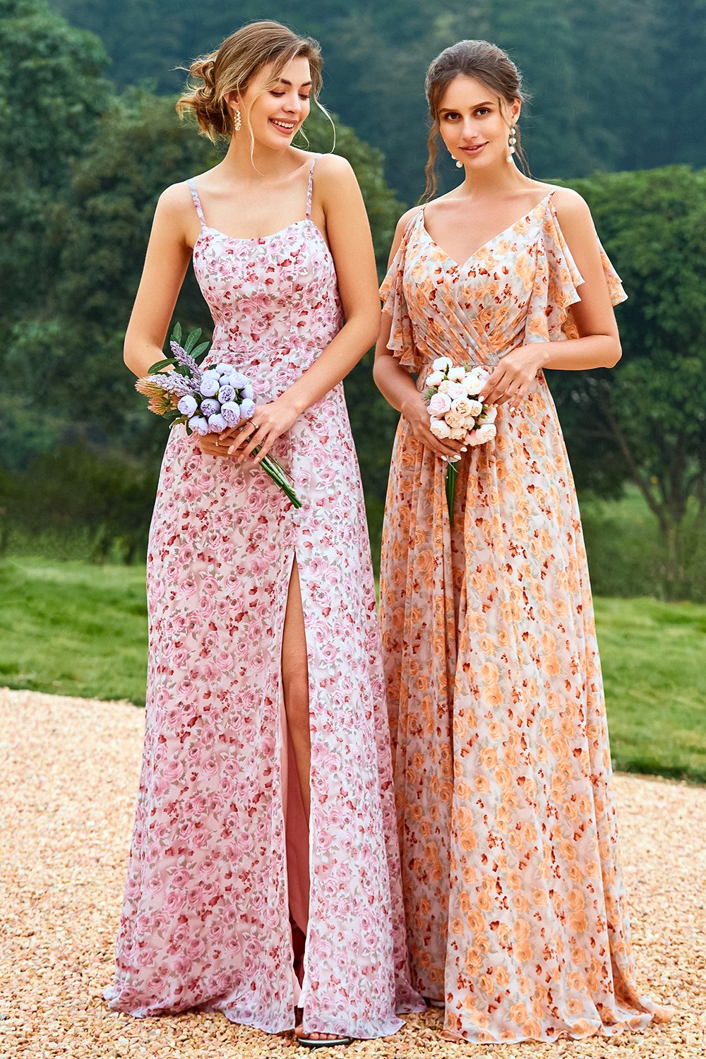 Imprimé Floral Orange Robe de Demoiselle d’Honneur
