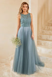 Robe de demoiselle d’honneur en tulle bleu gris avec dentelle