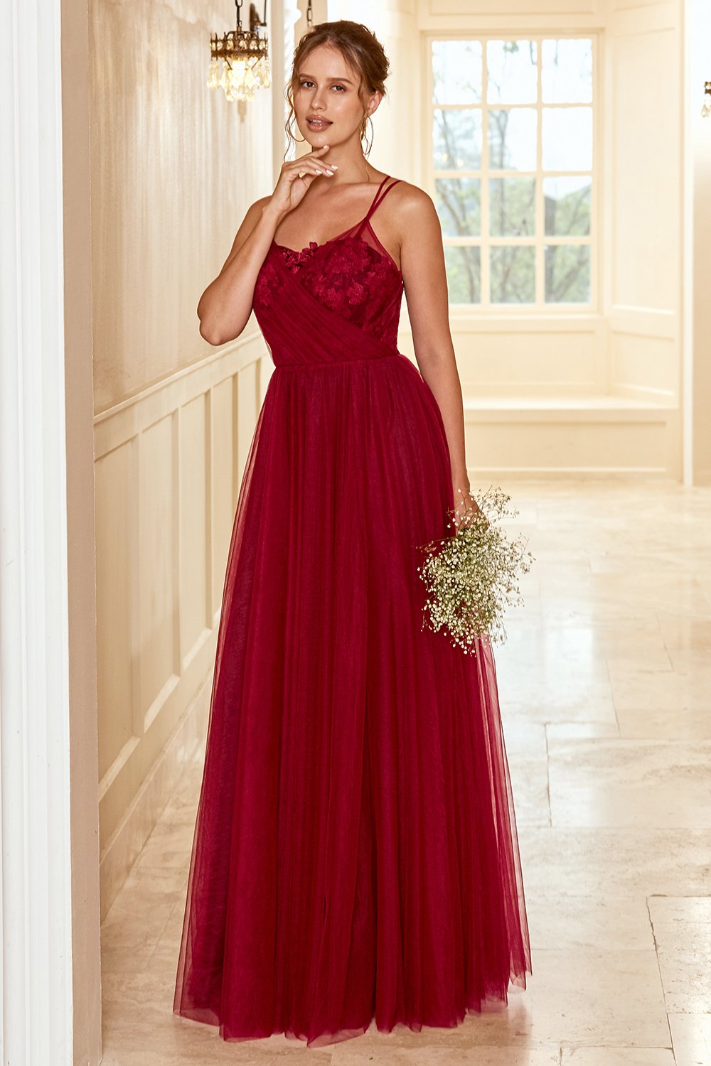 Robe de demoiselle d’honneur longue bordeaux avec dentelle